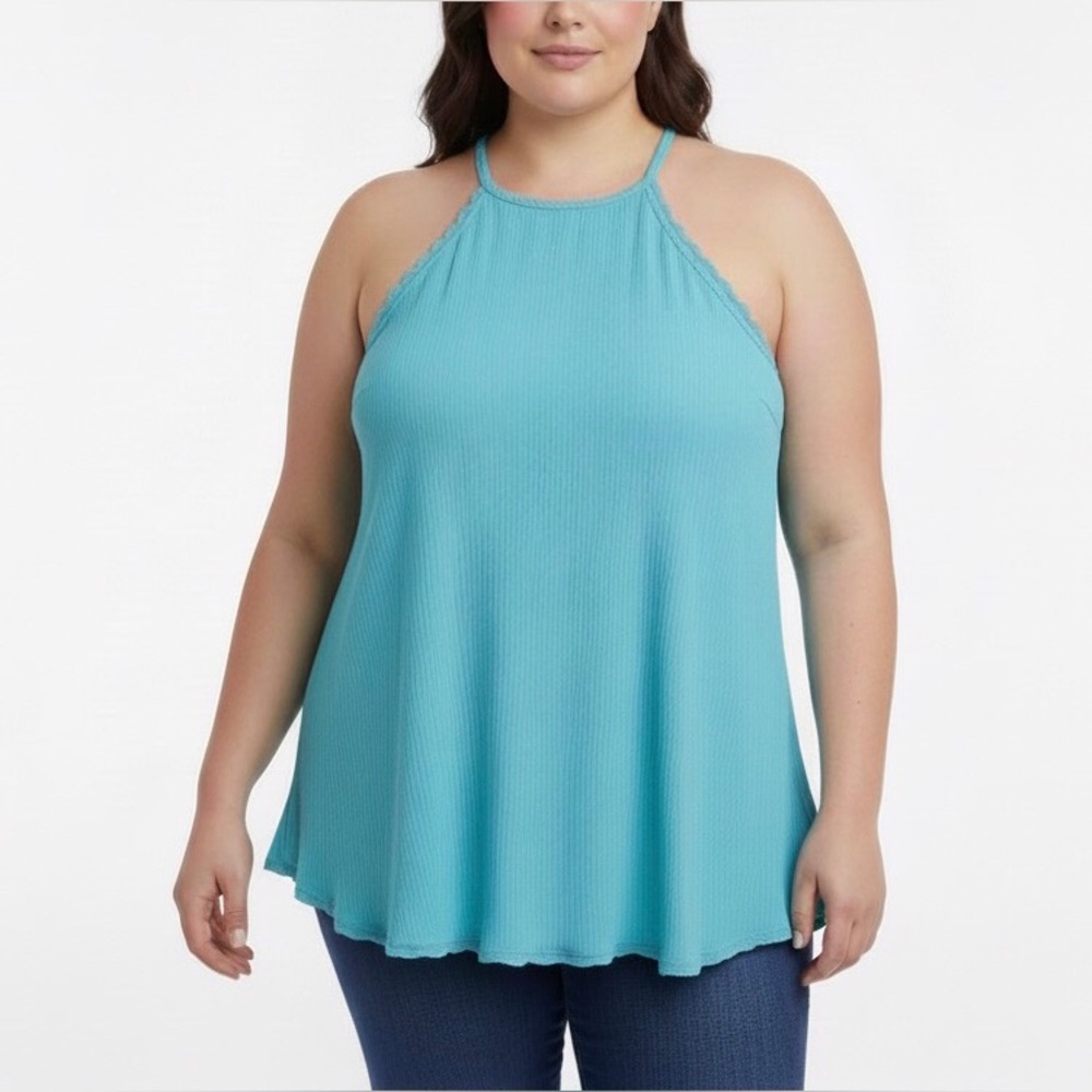 Torrid Aqua Blue Crinkle Gauze Crochet Trim Halter Tank Top Size 00 Boho Summer